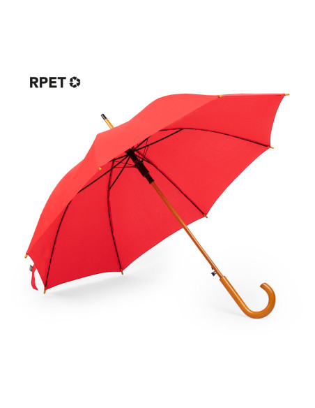 Paraguas serigrafiado en RPET con mango de madera.