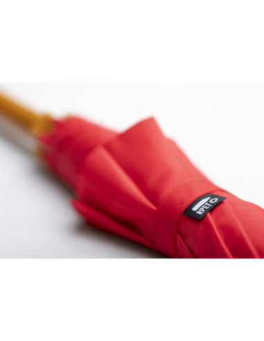 Paraguas serigrafiado en RPET con mango de madera.