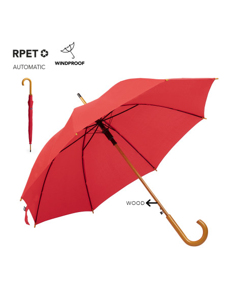 Paraguas serigrafiado en RPET con mango de madera.