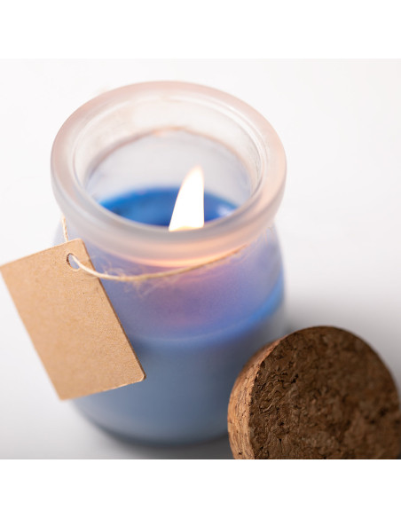 Vela bautizo personalizada en tarrito de cristal y corcho.