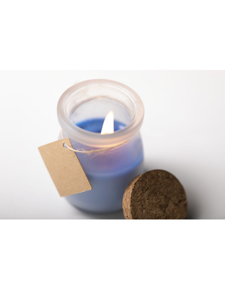 Vela bautizo personalizada en tarrito de cristal y corcho.