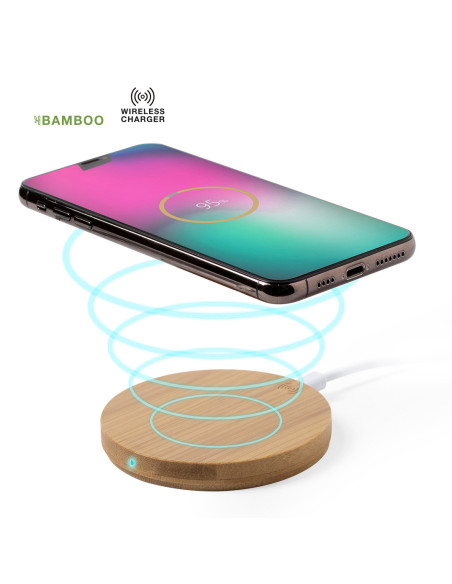 Cargador inalámbrico personalizado circular en Bambú.