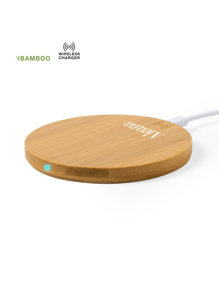 Cargador inalámbrico personalizado circular en Bambú.