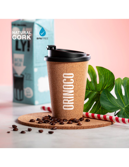 Vaso térmico ECO para publicidad, 350ml en corcho natural, tapa PP.