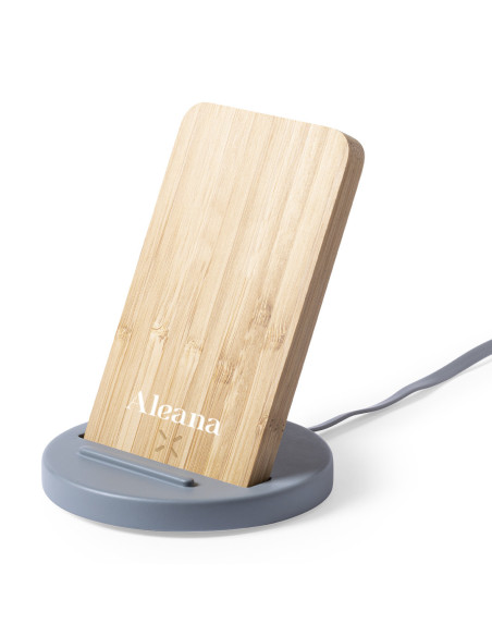 Cargador ECO personalizado inalámbrico, soporte en bambú.