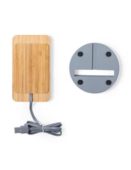 Cargador ECO personalizado inalámbrico, soporte en bambú.