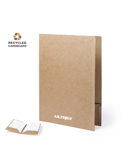 Portafolios personalizados en cartón reciclado con solapas.