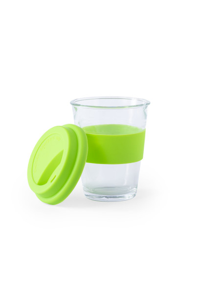 Vaso de cristal grabado y reutilizable, 350ml, tapa silicona.