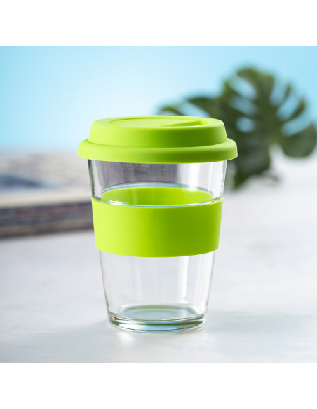 Vaso de cristal grabado y reutilizable, 350ml, tapa silicona.