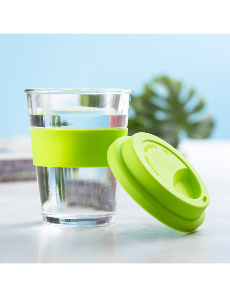 Vaso de cristal grabado y reutilizable, 350ml, tapa silicona.