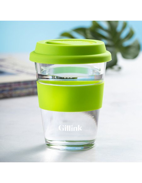 Vaso de cristal grabado y reutilizable, 350ml, tapa silicona.