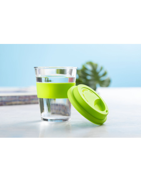 Vaso de cristal grabado y reutilizable, 350ml, tapa silicona.