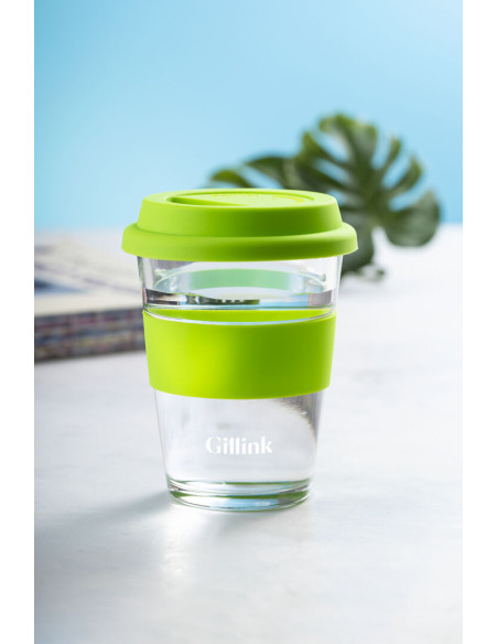 Vaso de cristal grabado y reutilizable, 350ml, tapa silicona.