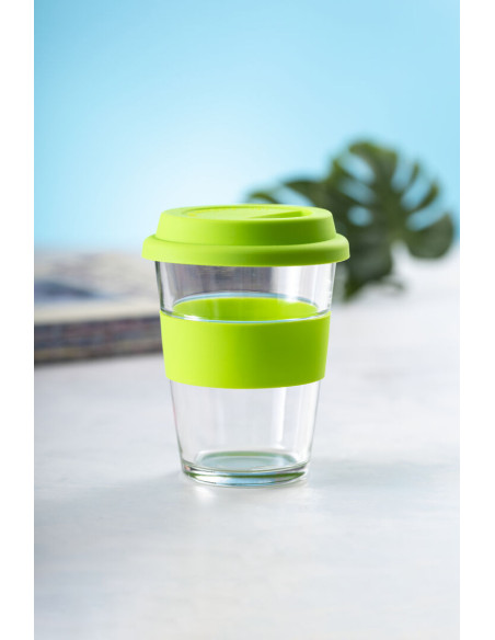 Vaso de cristal grabado y reutilizable, 350ml, tapa silicona.