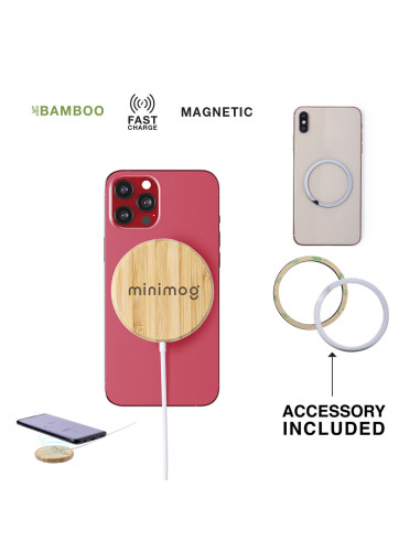 Cargador personalizado 10W, magnético, bambú, eco.