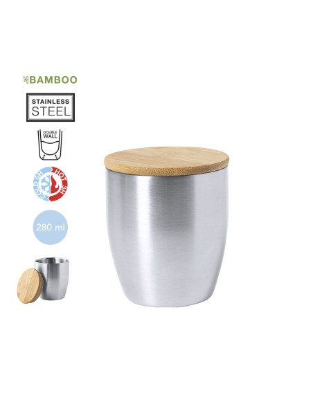 Vaso Termo ECO en Acero Inox  y tapa Bambú personalizable, 280ml.