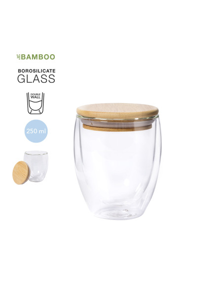 Vaso de cristal personalizado ECO, 250ml, tapa Bambú.