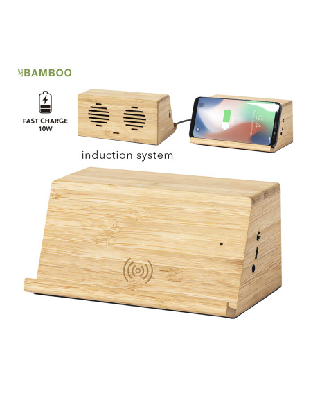 Altavoz cargador personalizado Ecológico en Bambú, 2x3W.