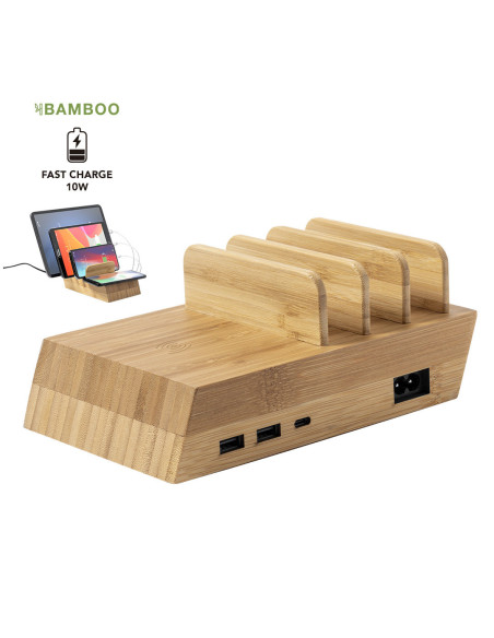 Cargador publicitario ECO en Bambú 10W, multi-dispositivo.