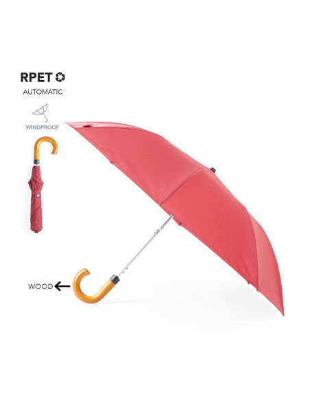 Paraguas plegable publicidad ECO con mango madera en RPET de 100 cm.