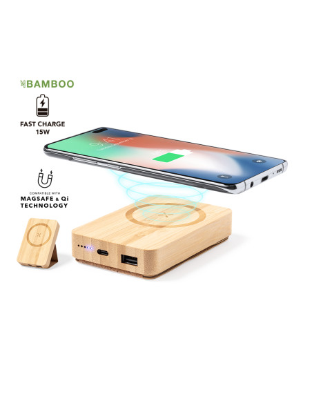 Power bank ECO en Bambú personalizada 5000 mAh, inalámbrico.