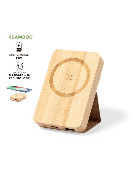 Power bank ECO en Bambú personalizada 5000 mAh, inalámbrico.