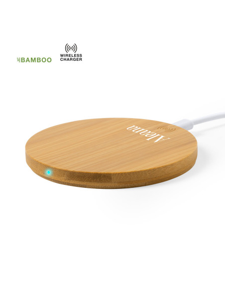 Cargador inalámbrico personalizado circular en Bambú.