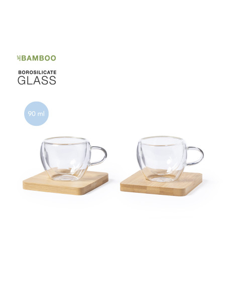 Set personalizable 2 tazas 90 ml en cristal + 2 posavasos bambú.