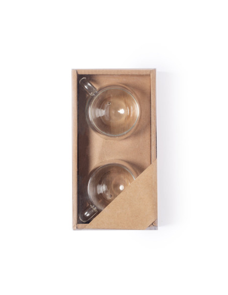 Set personalizable 2 tazas 90 ml en cristal + 2 posavasos bambú.