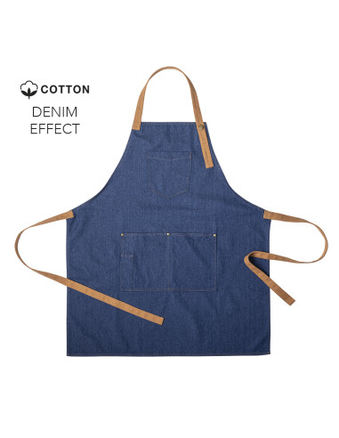 Delantal en denim Personalizado, cintas marrones y bolsillos.