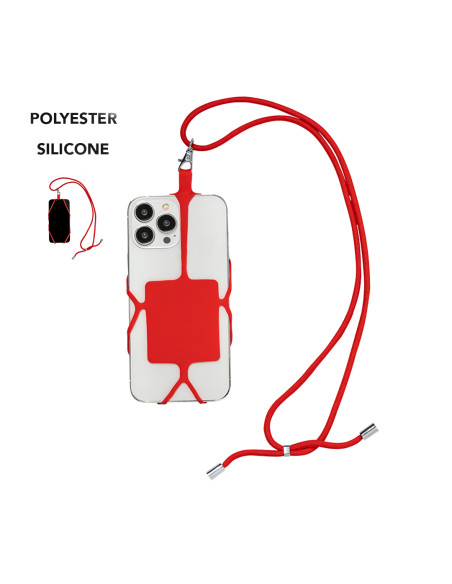 Lanyard publicitario portamóvil en silicona y poliéster.