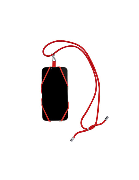 Lanyard publicitario portamóvil en silicona y poliéster.
