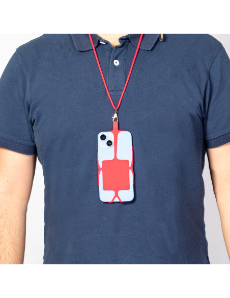 Lanyard publicitario portamóvil en silicona y poliéster.
