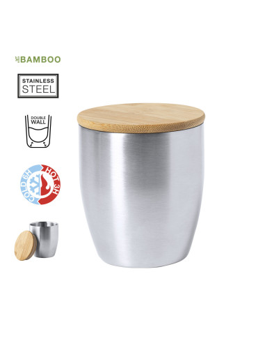 Vaso Termo ECO en Acero Inox  y tapa Bambú personalizable, 280ml.