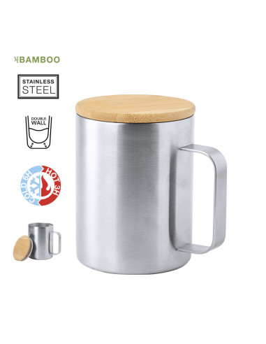 Taza Térmica Personalizable Acero Inoxidable 350 ml Tapa Bambú.