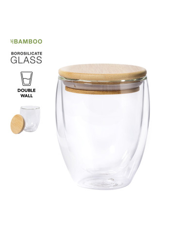 Vaso de cristal personalizado ECO, 250ml, tapa Bambú.