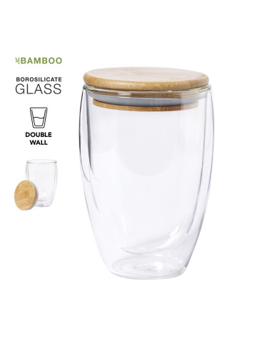 Vaso de cristal personalizable ECO, 350ml, tapa Bambú.