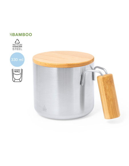 Taza térmica de 330ml Acero Reciclado, tapa de Bambú.