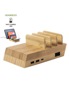 Cargador publicitario ECO en Bambú 10W, multi-dispositivo.