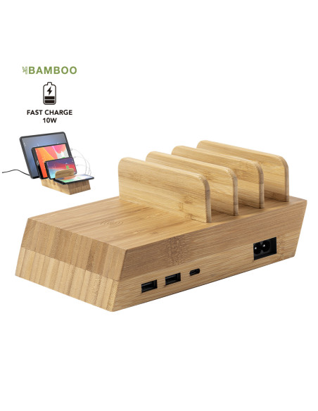 Cargador publicitario ECO en Bambú 10W, multi-dispositivo.