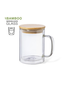 Taza Publicitaria térmica 370 ml Cristal y tapa Bambú