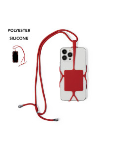 Lanyard publicitario portamóvil en silicona y poliéster.