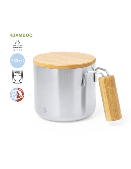 Taza térmica de 330ml Acero Reciclado, tapa de Bambú.