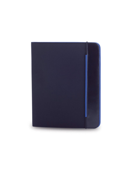 Carpeta personalizada bicolor con bloc y cierre elástico.