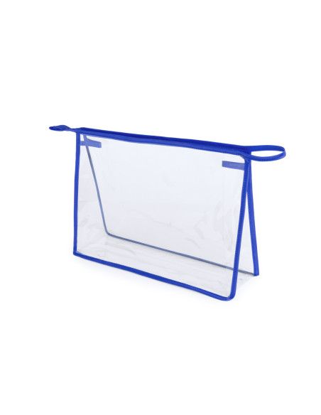 Neceser de publicidad con ribetes coloridos en PVC transparente.