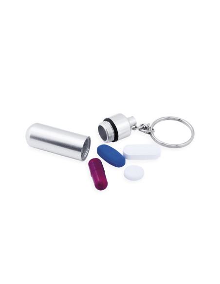 Llavero pastillero personalizado en aluminio brillante.