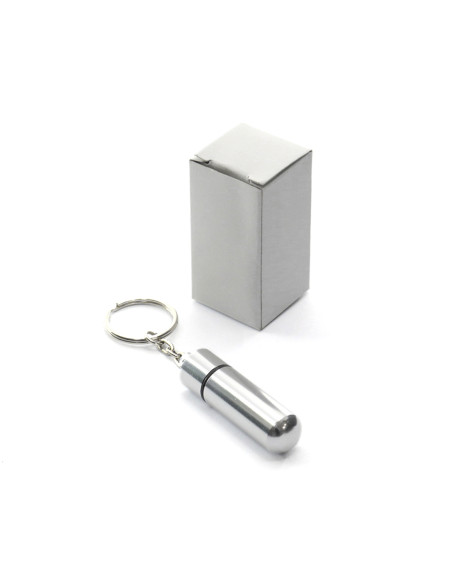 Llavero pastillero personalizado en aluminio brillante.