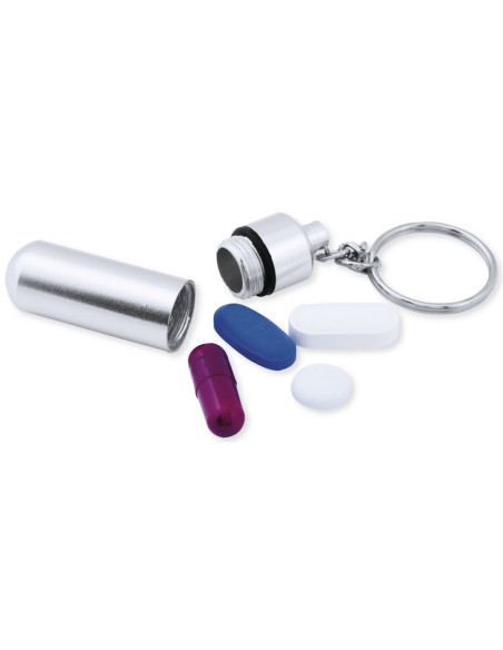 Llavero pastillero personalizado en aluminio brillante.
