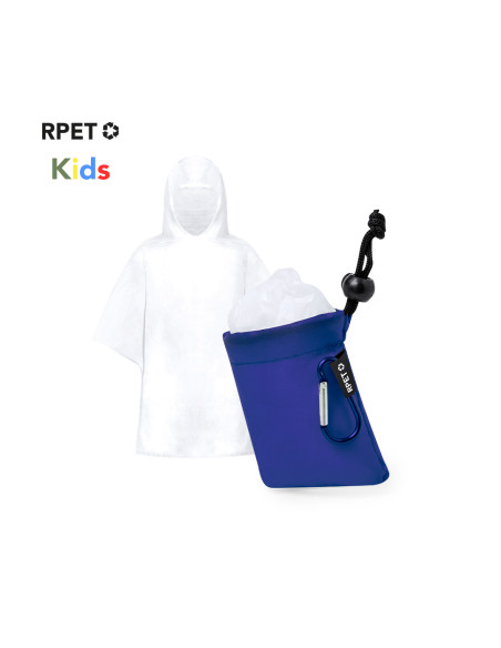 Poncho impermeable publicitario infantil en PE, funda RPET y mosquetón