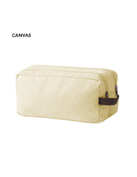 Neceser en canvas y polipiel serigrafiado con doble compartimento.